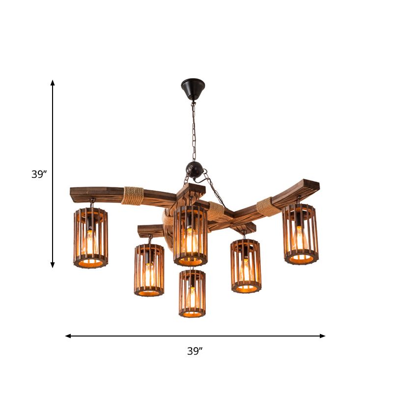 Wood Caged Hanging Chandelier Lodge 6-Bulb Dining Room Ceiling Pendant Light with Rope Detail in Black/Brown