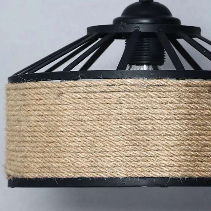 Rope Drum Pendant Light Fixture Warehouse-Style Restaurant Hanging Light Kit in Beige