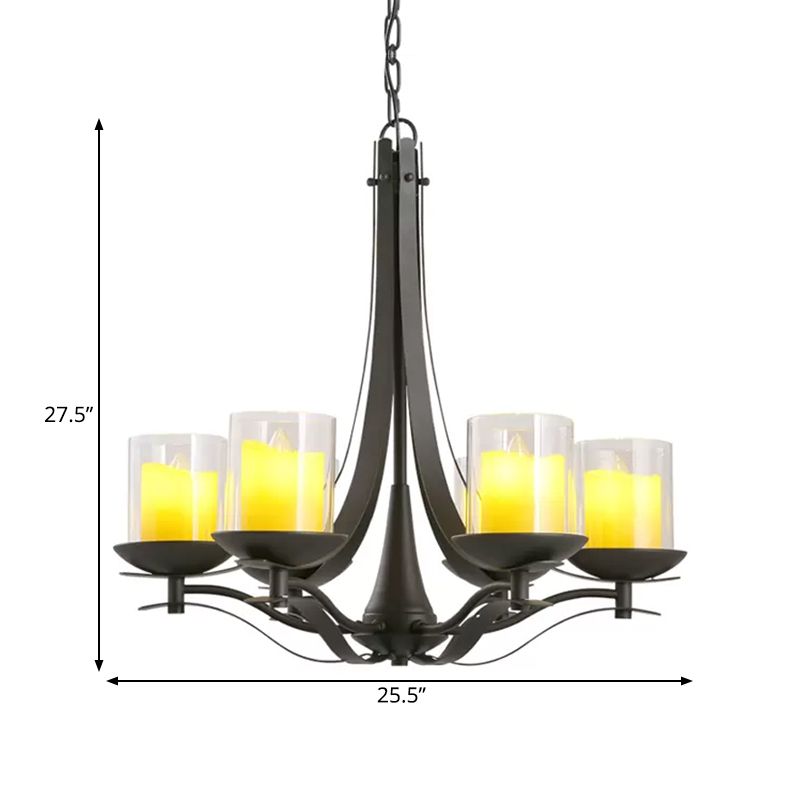 Cilinder helder glas kroonluchter lichtbeveiliging land 6-licht eetkamer metalen hanger lamp in zwart