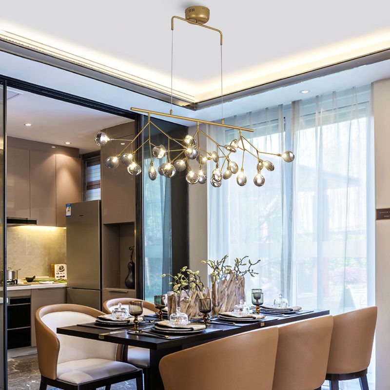 Minimalist 27-Bulb Island Light Brass Finish Branch Hanging Lamp with Glass Shade