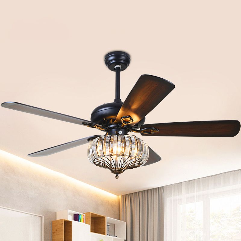 5 Blades Black Round Shaped Semi Flush Light Rustic Beveled Crystal Living Room LED Ceiling Fan Lamp, 52" Wide