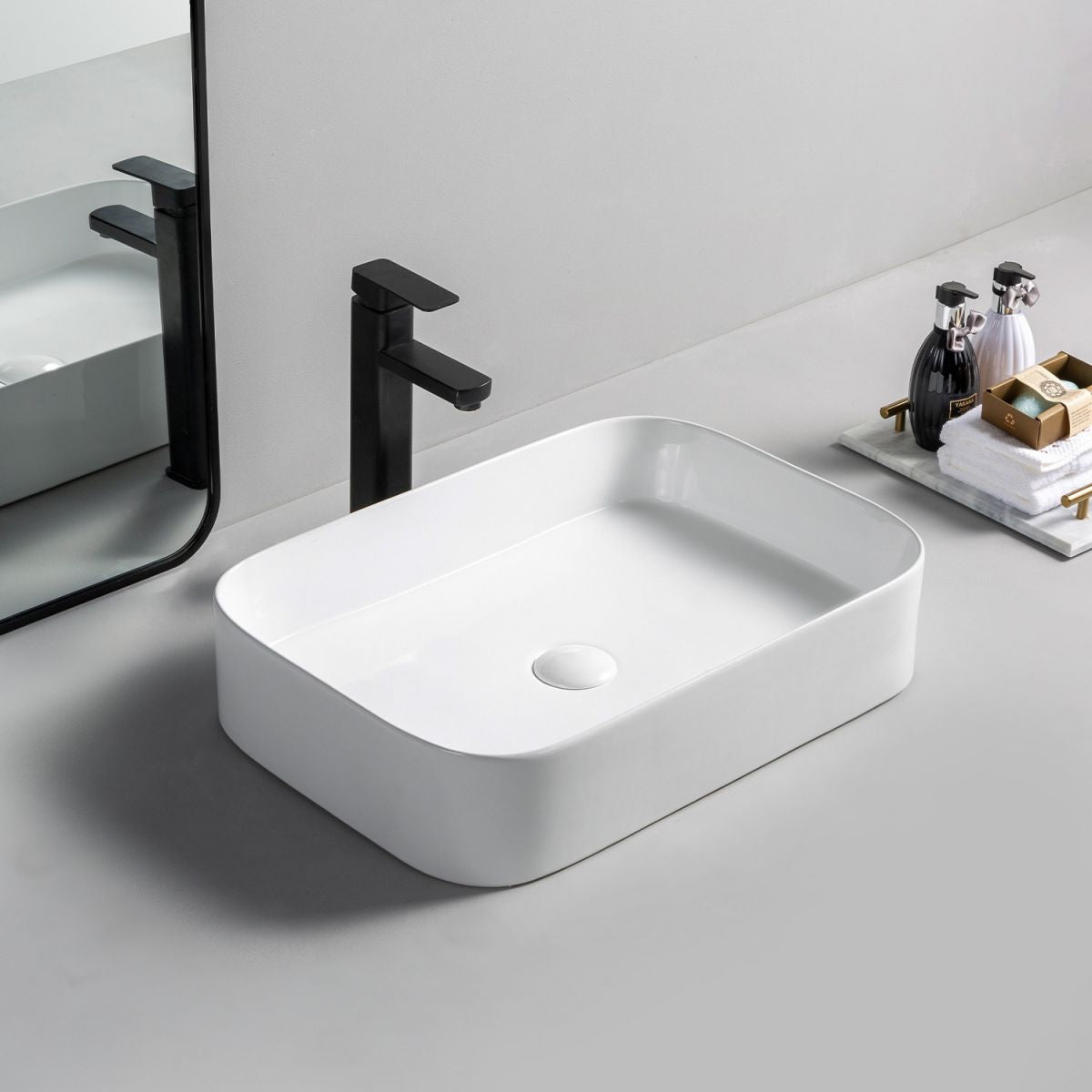 Modern Bathroom Sink Rectangular Porcelain with Pop-Up Drain Vessel Lavatory Sink