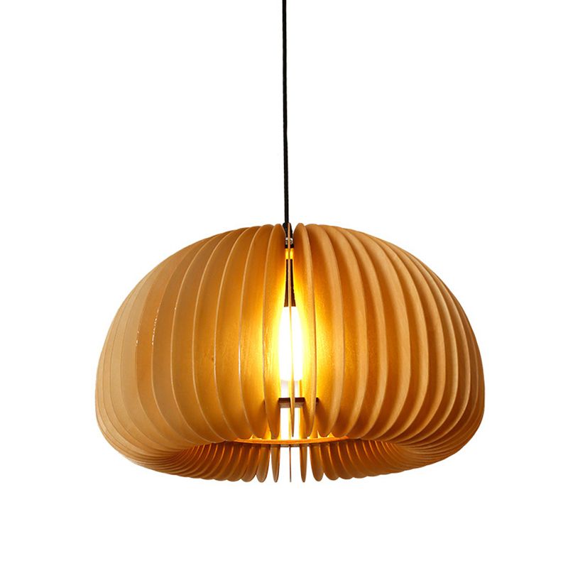 Wood Pumpkin Hanging Pendant Light Japanese Style Beige Pendant Lighting Fixture