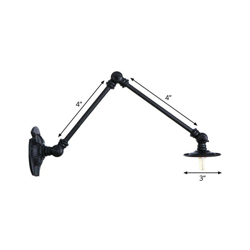 Extendable 2-Arm Iron Wall Light Warehouse 1-Light Studio Task Wall Lamp with Disc Shade in Black, 4"/12"/19.5" Long