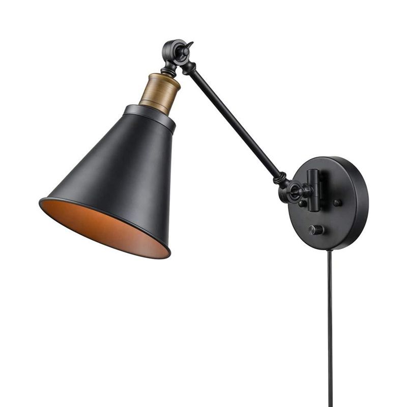 Horn Iron Wall Mount Reading Lamp Industrial 1-Light Bedroom Rotating Wall Lighting with/without Plug-in Cord in Black