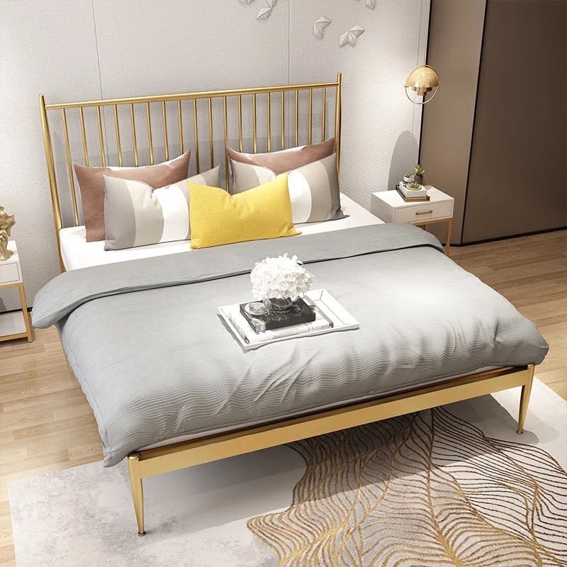 Golden Finish Metallic Open-Frame Bed Glam Wire-Grid Iron Bed Frame with Headboard