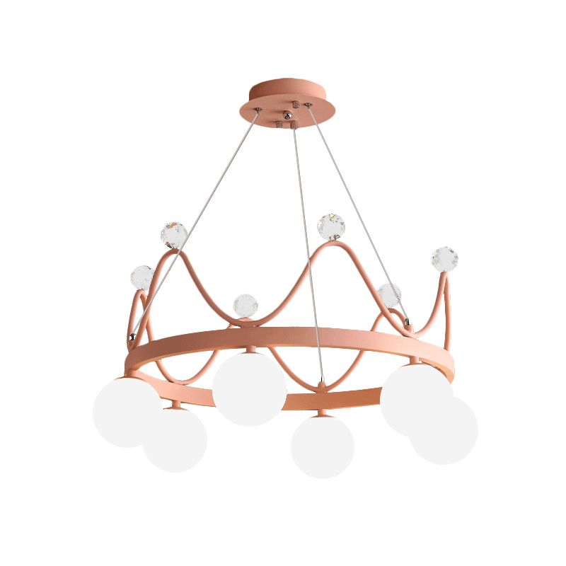 Crown Iron Chandelier Lighting Kid 6 Bulbs Pink/Gold Pendant Lamp with Orb Glass Shade and Crystal Finial