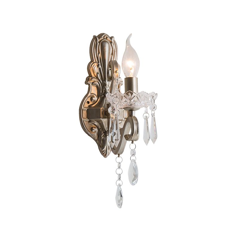 Swirl Arm Living Room Wall Light Fixture Retro Style Metal 1/2-Light Silver Finish Sconce Lighting with Crystal Drop