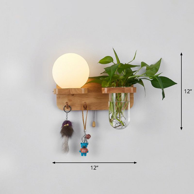 Cream Glass Geometric Wall Sconce Art Deco 1 Head Wall Mounted Light with Plant Container and Wooden Shelf