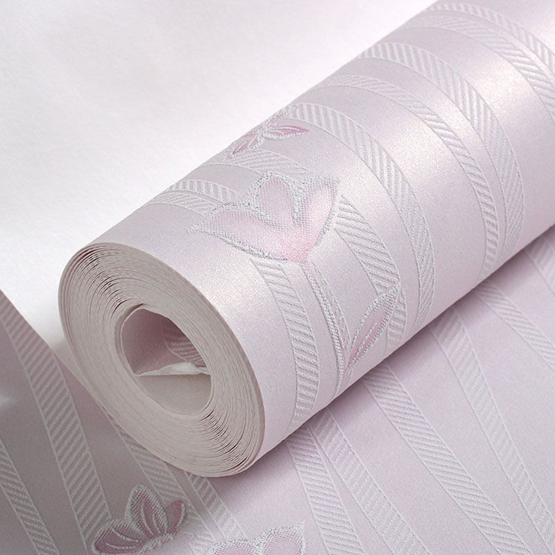 Natural Color Wallpaper Roll Flower and Stripe Non-Pasted Water-Resistant Wall Decor in Pink