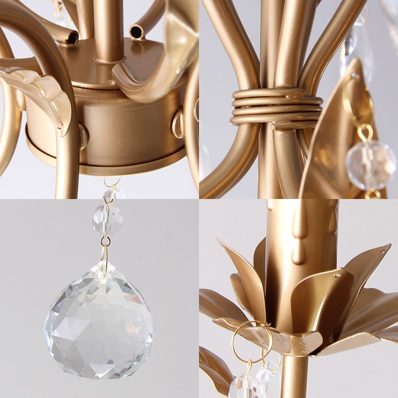 Brass Candle Chandelier Lamp Retro 5 Heads Metal Ceiling Pendant Light with Crystal Teardrop