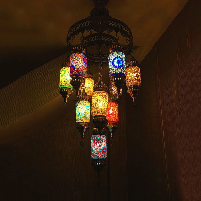 Stained Art Glass Cylinder Chandelier Lighting Traditional 10 Heads Restaurant Hanging Ceiling Light in Blue-Yellow-Green
