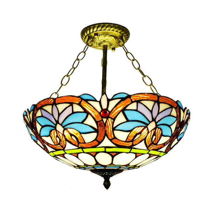 12"/16" Wide Victorian Design Bowl Ceiling Fixture Tiffany Style Stained Glass Semi Flush Mount Light in Red/Purple/Brass/Orange-Blue/Orange-Purple for Villa