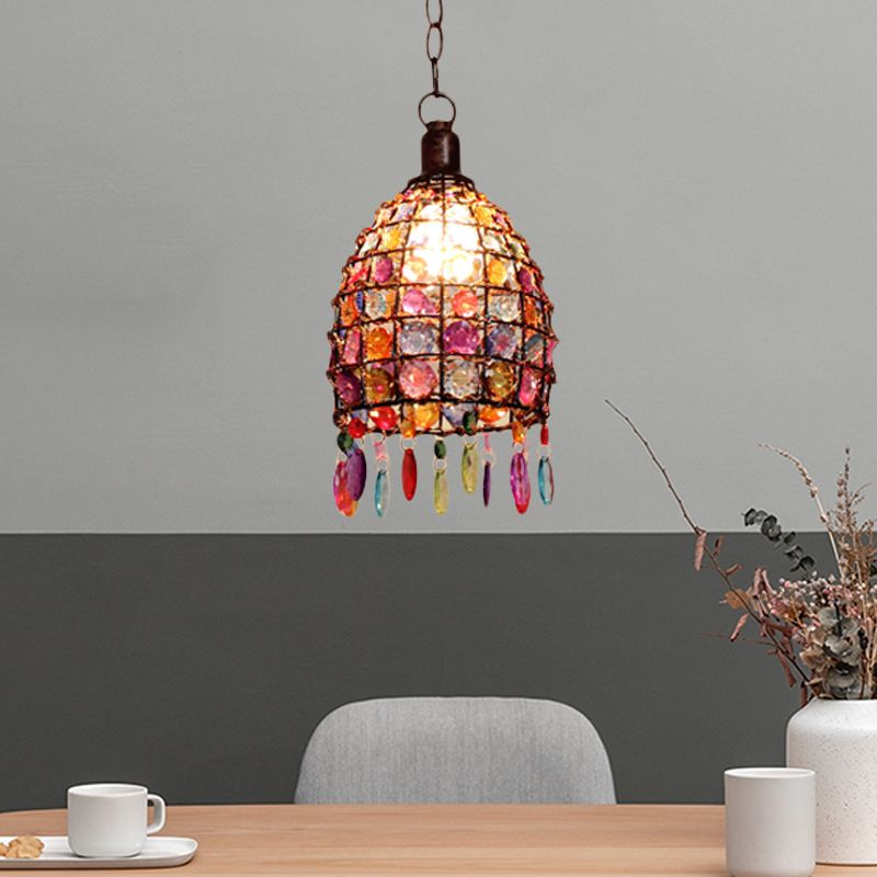 Art Deco Dome Ceiling Light 1 Light Stained Glass Drop Pendant in Rust for Restaurant
