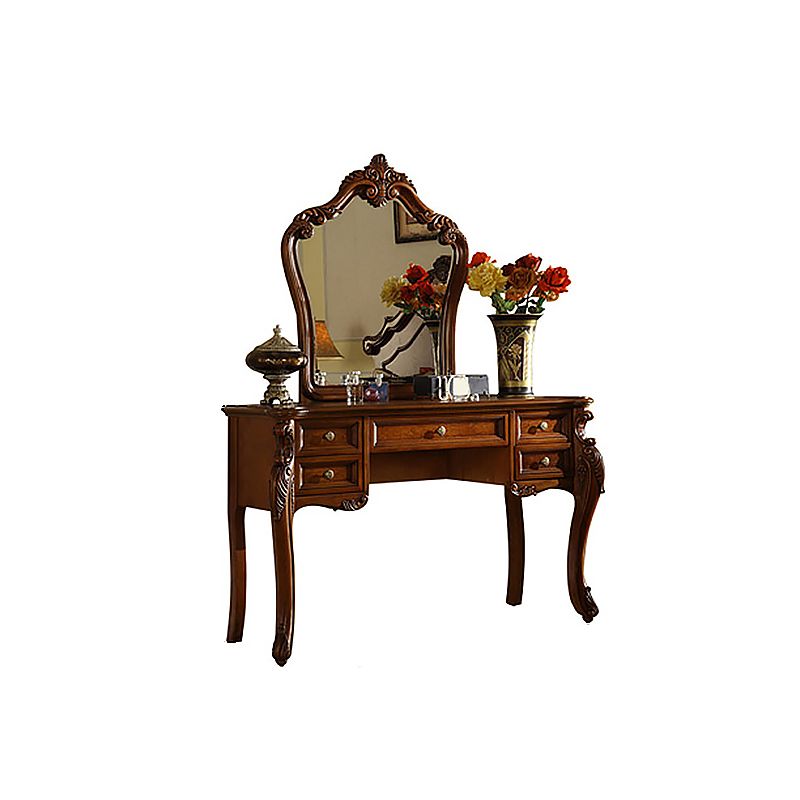 18.89" Wide Brown Vanity Set with Mirror Glass Make-up Vanity with 5 Storage Drawers