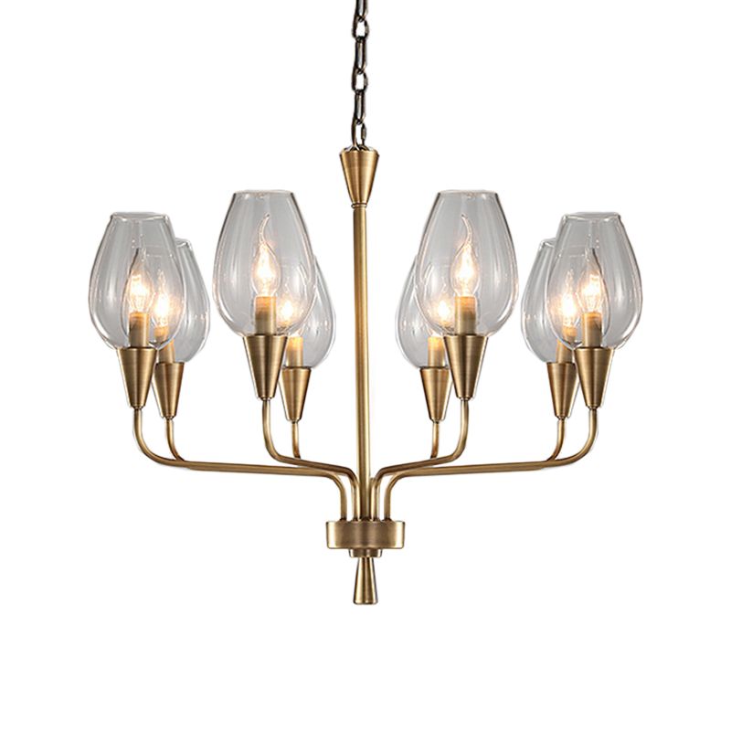 Clear Glass Cup Hanging Lighting Modernism 8-Head Pendant Chandelier in Brass with Curved Arm
