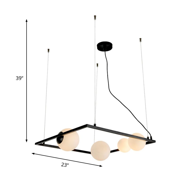 Black Frame Chandelier Lamp Modern 4 Heads Metal Pendant Light Fixture with Opal Glass Shade