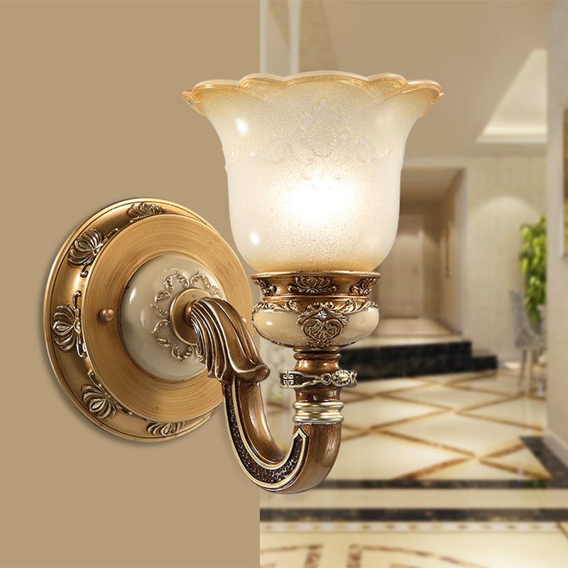 Flower Shape Bedroom Wall Sconce Rustic Milky Glass 1/2-Head Brown Swooping Arm Wall Mounted Light Fixture