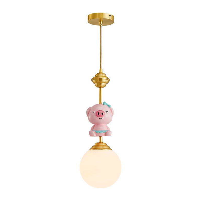 Pig Pendant Light Kids Style Resin Single-Bulb Nursery Suspension Light with Globe Opal Glass Shade in Gold