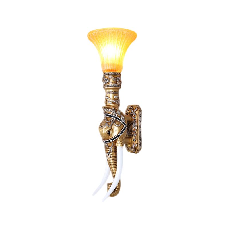 Elephant Corridor Wall Light Fixture Retro Stylish Resin 1 Bulb Gold Wall Mount Lamp with Bell Amber Glass Shade