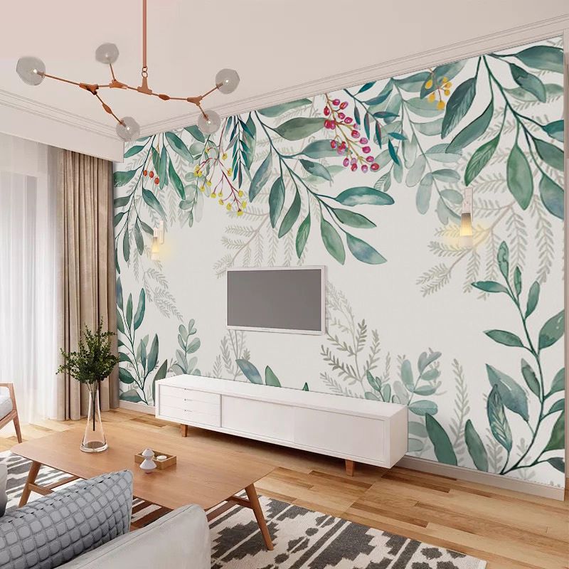Full Nordic Mural Wallpaper Pastel Green Leaf and Stem Wall Decor, Made to Measure
