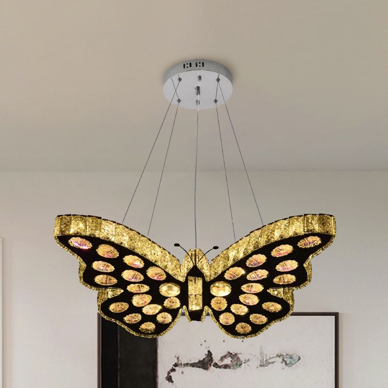 Butterfly Suspension Lighting Modern Clear Crystal LED Black Hanging Chandelier in Warm/White Light