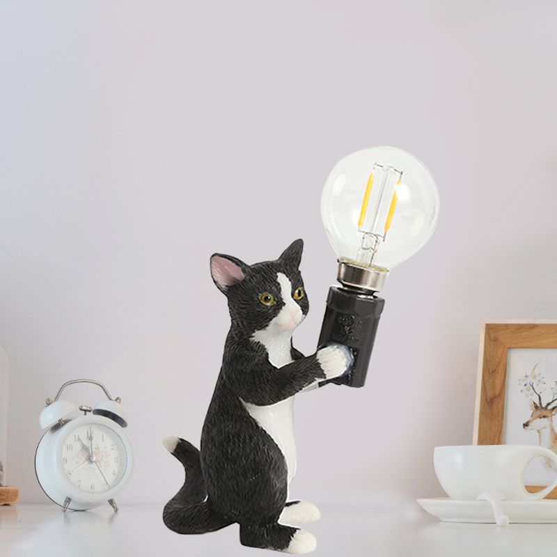 Tabby Cat Holder Table Lamp Kids Iron 1 Bulb Black/Yellow/Blue Nightstand Light with Bare Bulb Design