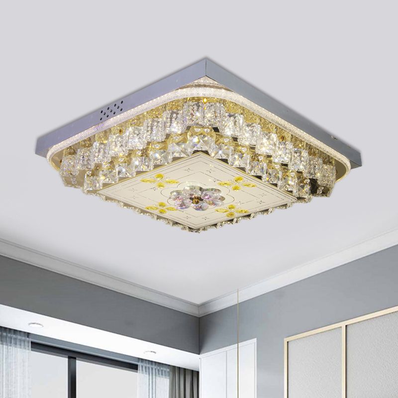 Chrome Square Ceiling Lighting Modern Clear Crystal Blocks LED Bedchamber Flush Mount Lamp