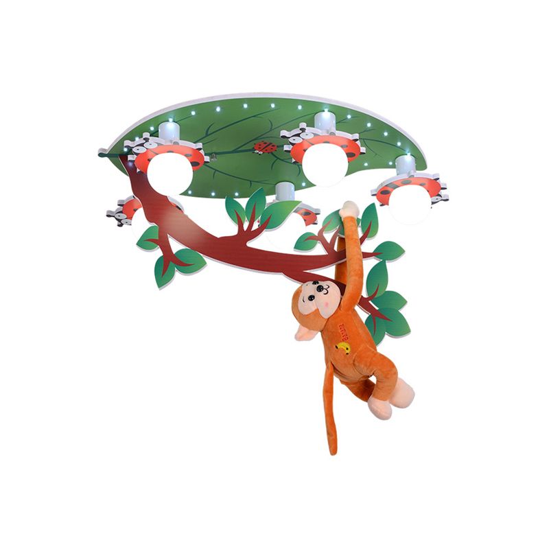 Wood Leaf Branch Ceiling Mount Light with Hanging Monkey Animal Ceiling Lamp in Green for Baby Room