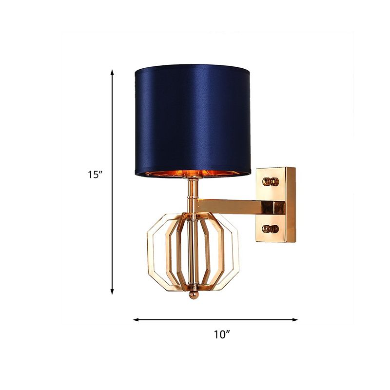 Metal Cylinder Wall Sconce Vintage 1-Bulb Bedroom Wall Light Fixture with Fabric Shade in Blue
