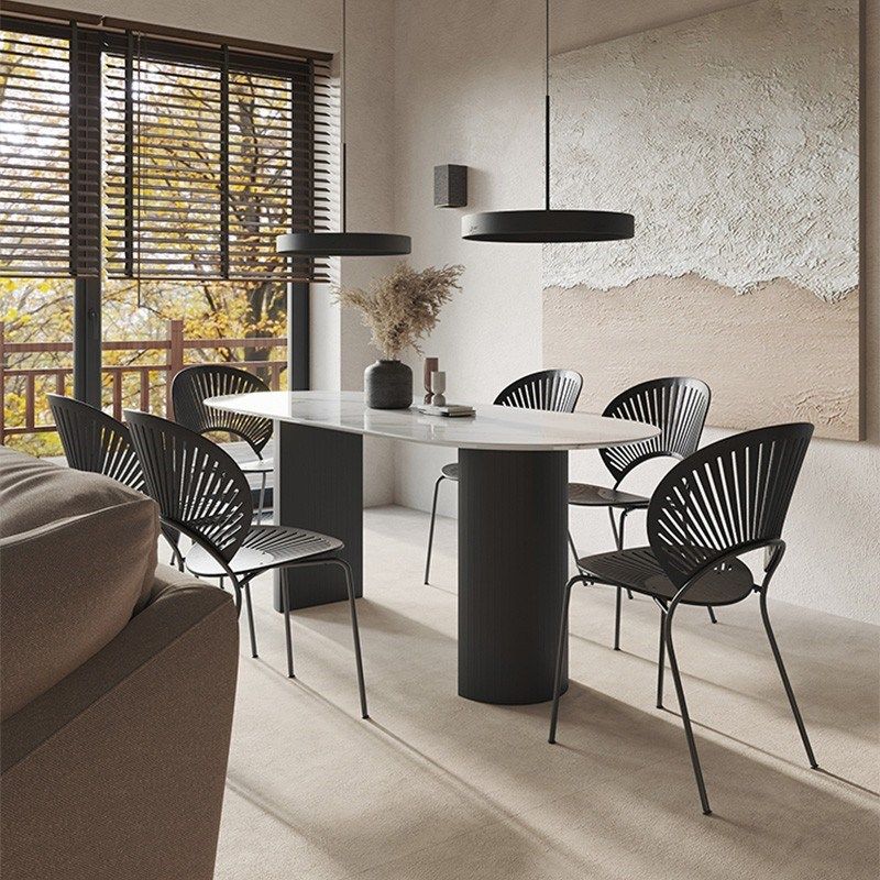 Sintered Stone Dining Table Modern Oval Dining Table with Black Base