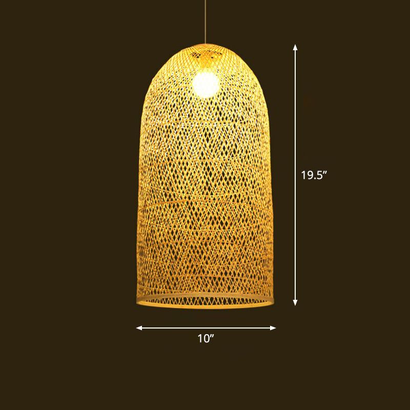 Woven Shade Suspension Light Minimalistic Bamboo 1-Head Beige Hanging Ceiling Light