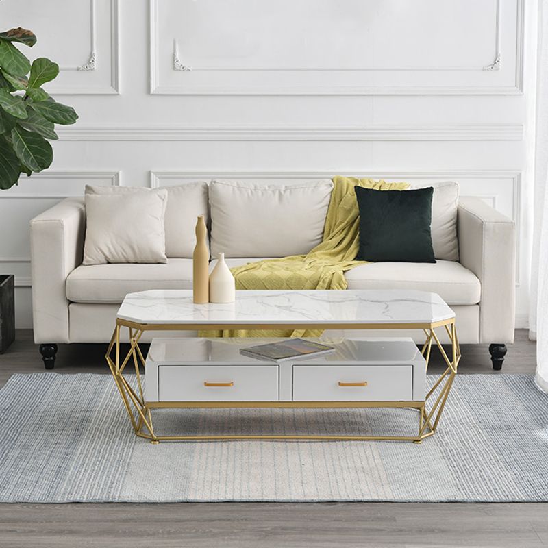 Modern Slate Geometric Coffee Table Gold Metal Frame Coffee Table with Storage