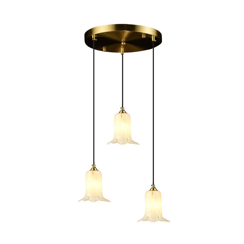 Romantic Pastoral Lily Cluster Pendant 3 Bulbs White/Green/Purple Glass LED Ceiling Hang Fixture for Foyer