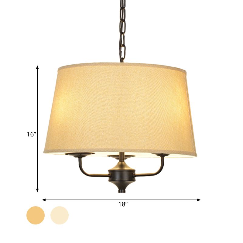 Fabric Drum Shade Hanging Chandelier Traditional 3 Lights Bedroom Pendant Light in Flaxen/White