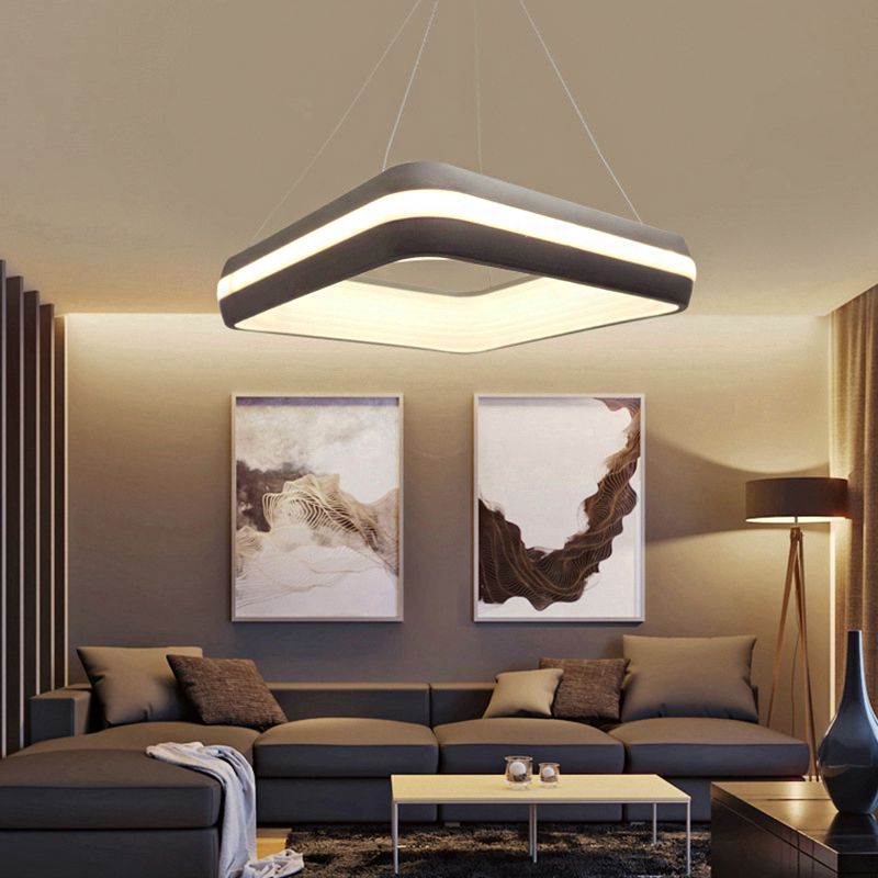 Metal Square Pendant Lighting Modern Led Grey Hanging Ceiling Lamp Fixture in Third Gear, 19"/25" Wide