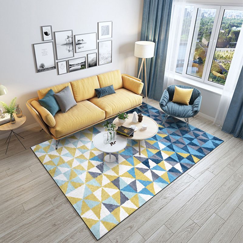 Blue and Yellow Bedroom Rug Modern Geometric Triangle Pattern Area Rug Polyester Machine Washable Non-Slip Carpet
