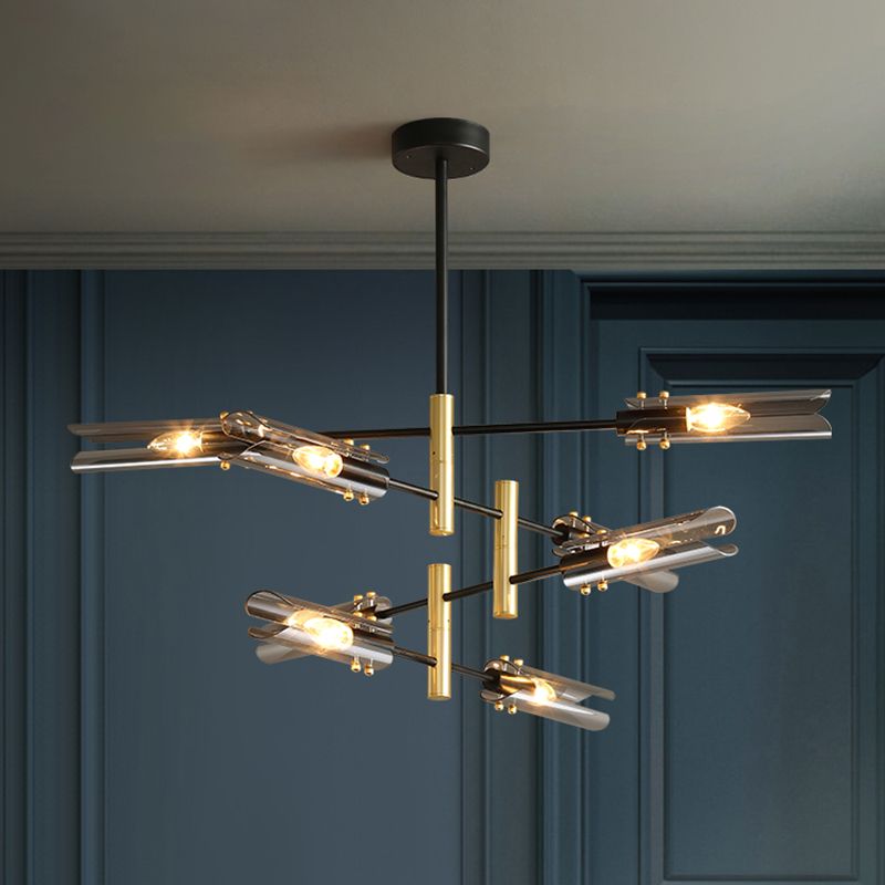 Lampada del lampadario tubolare Fumo moderno Grigio grigio vetro a 8 teste Black e ottone Brass Affermazione Lampada a sospensione