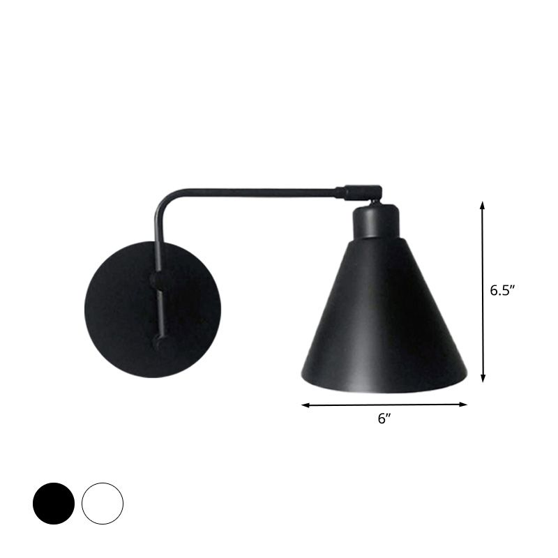 1-Head Cone Sconce Light Fixture Farmhouse White/Black Finish Iron Rotatable Wall Mount for Living Room