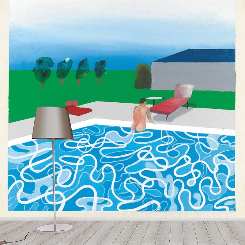 Blue-Green Pop Art Mural Decal Full-Size Pool Painting Wall Covering for Bedroom