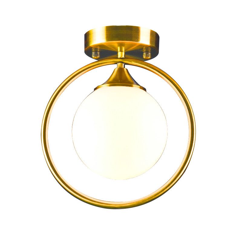 Postmodern Ball Ceiling Lighting Glass 1-Light Corridor Semi-Flush Mount Light with Brass Metal Ring