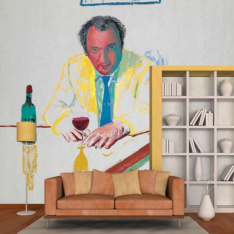Artistry Man Drinking Mural in Red-Yellow-Blue-Green Washable Wall Covering for Corridor