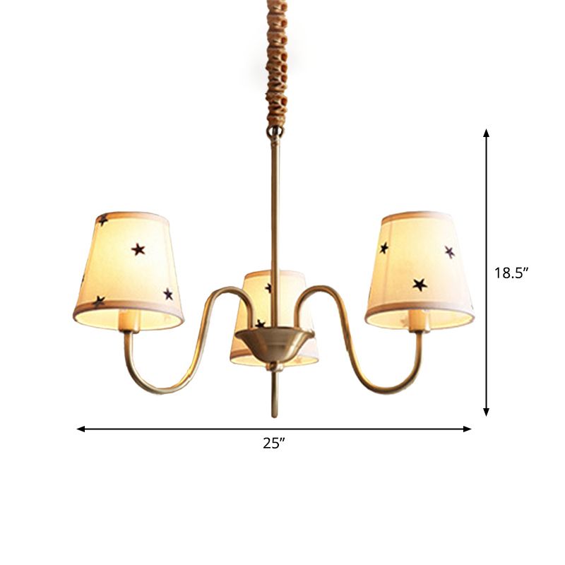 Star Pattern Fabric Conical Kroonluchter Rustiek 3/5/6 Lichten Slaapkamer Plafond Hang Lamp in Gold