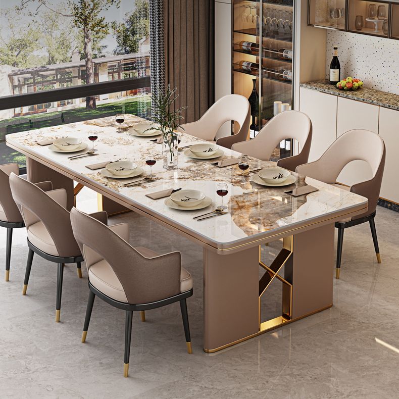 Luxury Sintered Stone Top Dining Table in White Rectangle Table with Double Pedestal