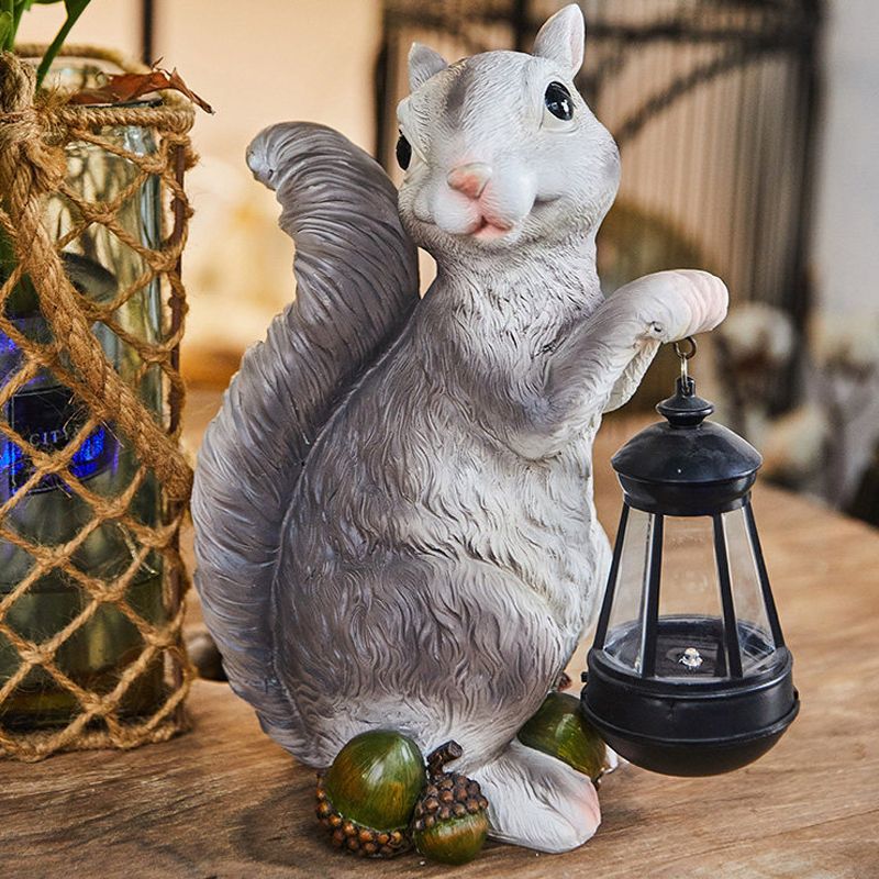 Squirrel Carrying Cone Lantern Path Light Cartoon Resin Orange/Grey Solar LED Ground Lamp for Garden
