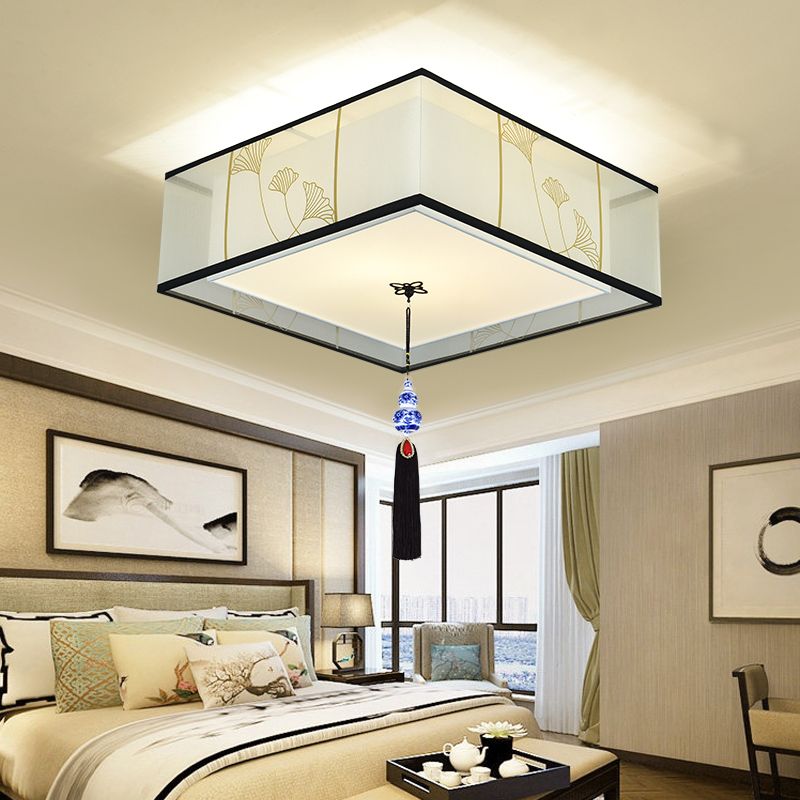 New Chinese Ceiling Light Geometry Shape Ceiling Lamp with Fabric Shade for Bedroom