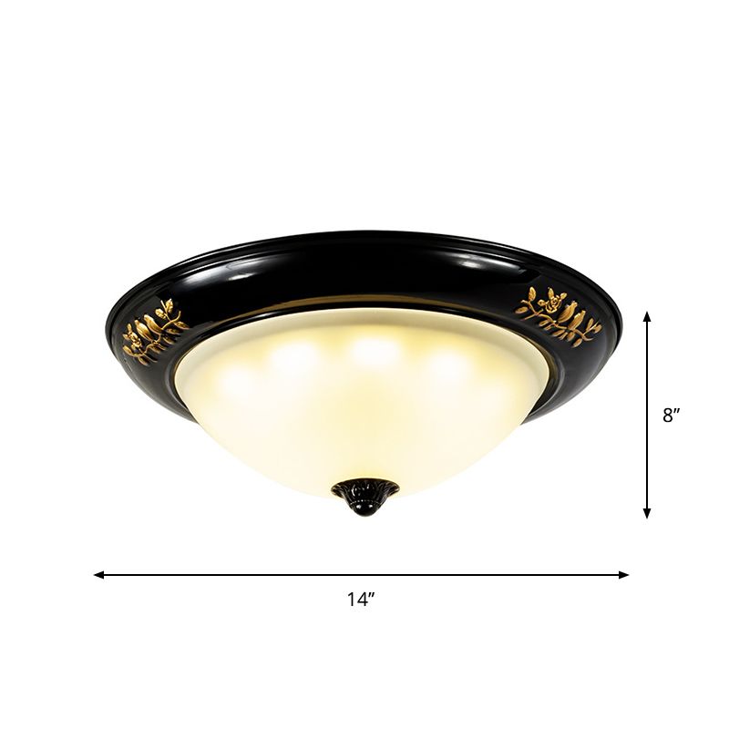 3 Heads Ceiling Mounted Light Traditional Living Room Flush Lamp Fixture with Dome Opal Glass Shade in Black