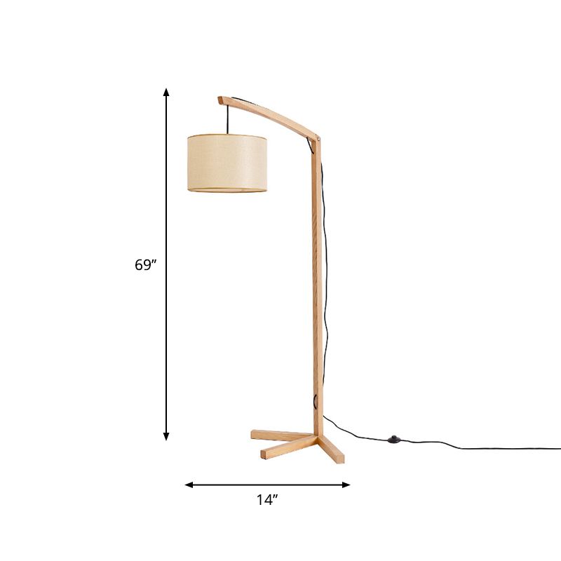 Lampada da pavimento in tessuto cilindro moderno 1 lampadina a pavimento in legno con palo a prua e supporto per tre piedi