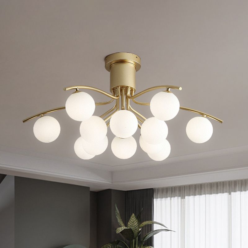 Post-Modern Modo Flush Mount White Glass 12-Head Living Room LED Semi Close to Ceiling Lamp in Brass