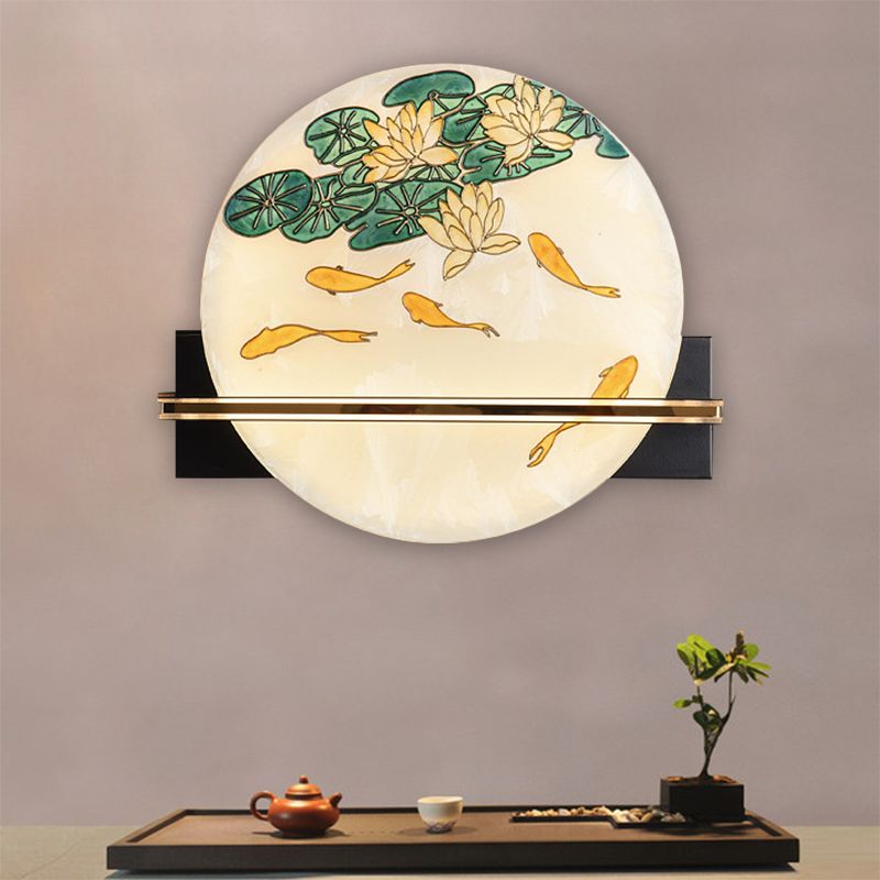 Black Rounded Wall Mural Lamp Oriental Style LED Acrylic Wall Mounted Light with Elk Deer/Fish Pattern